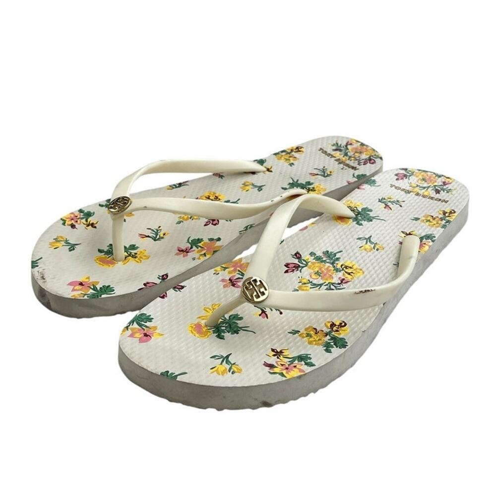 Womens Tory Burch Rubber Flip Flop Sandal 11M White Floral Beach Casual Outdoor